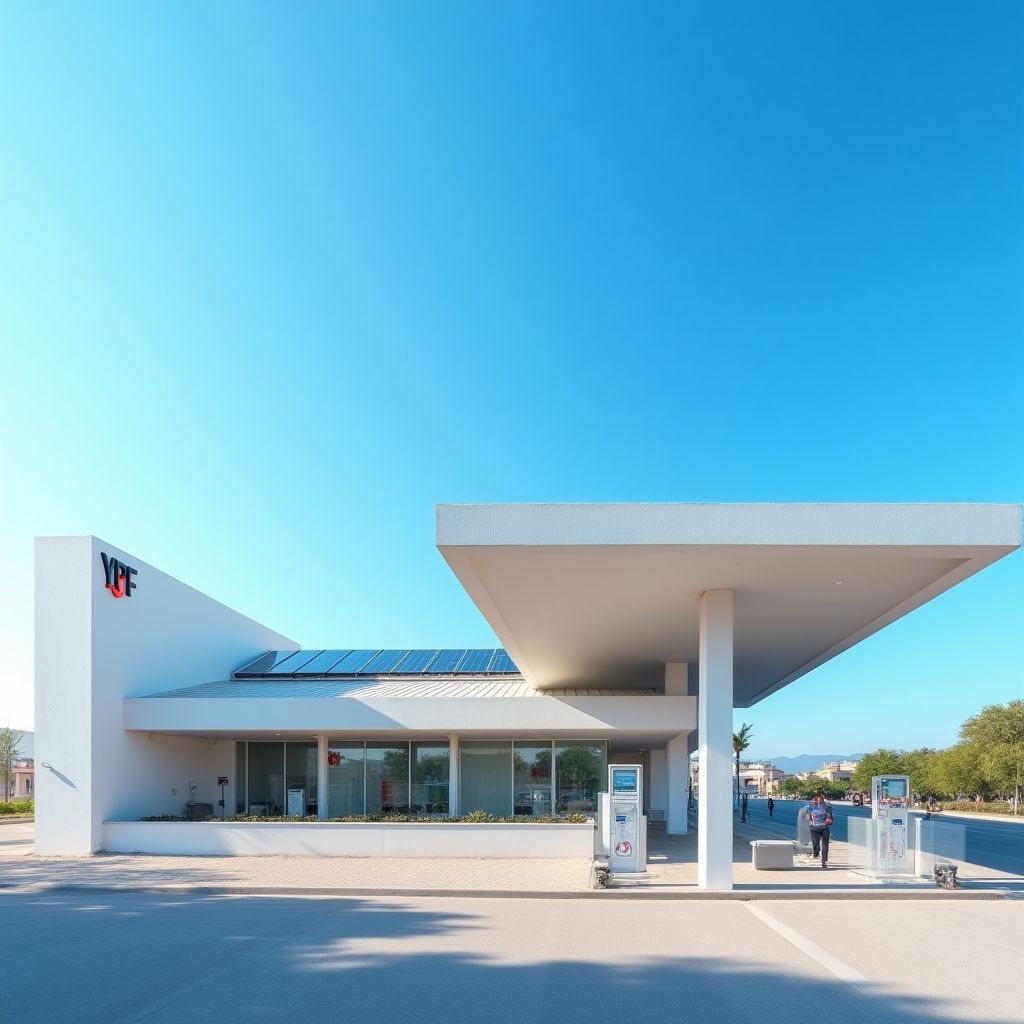 Estación de servicio YPF de diseño moderno durante el día
